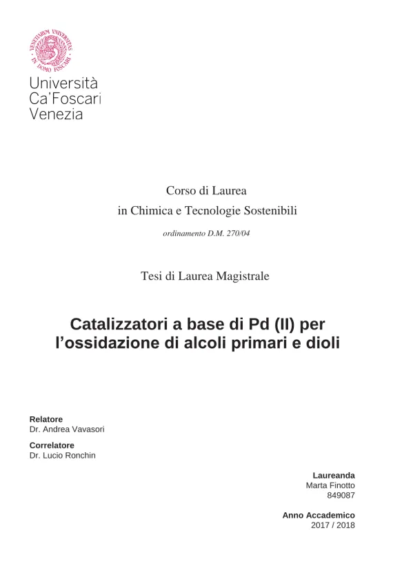 Catalizzatori a base di Pd(II) per l'ossidazione di alcoli primari e dioli