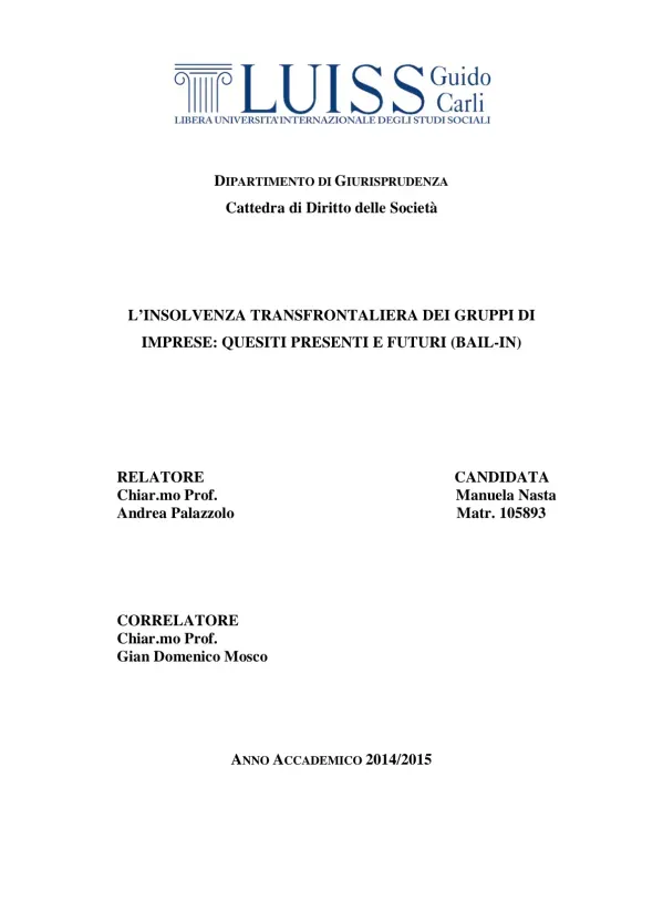 L’insolvenza transfrontaliera dei gruppi di imprese: quesiti presenti e futuri (bail-in)