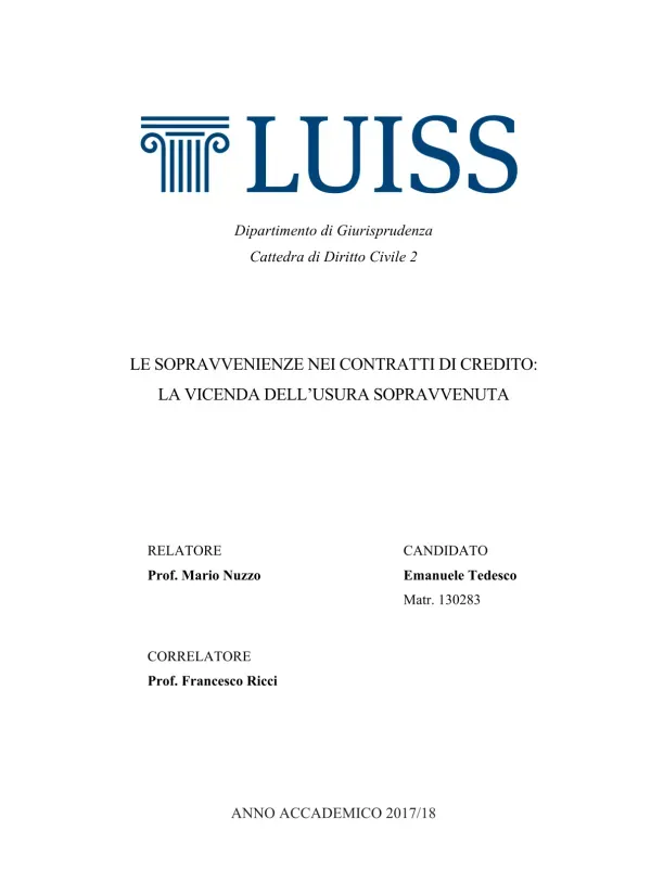 Le sopravvenienze nei contratti di credito: la vicenda dell’usura sopravvenuta