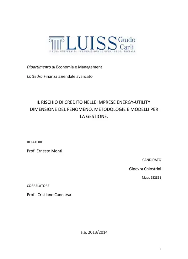 Il Rischio di Credito nelle Imprese Energy-Utility: Dimensione del Fenomeno, Metodologie e Modelli per la Gestione