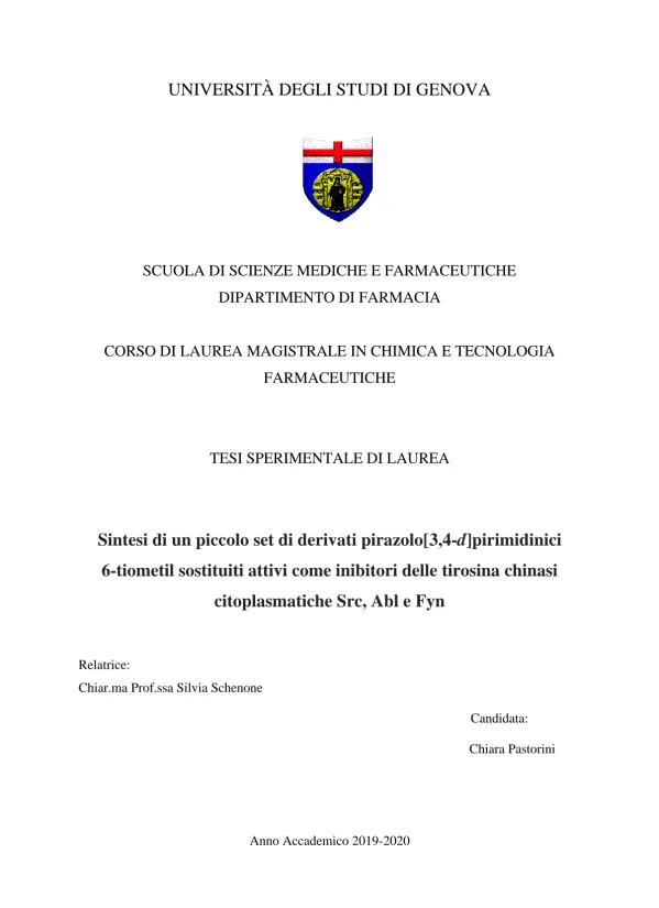 Sintesi di un piccolo set di derivati pirazolo[3,4-d]pirimidinici 6-tiometil sostituiti attivi come inibitori delle tirosina chinasi citoplasmatiche Src, Abl e Fyn
