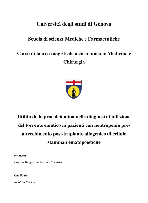 Utilità della procalcitonina nella diagnosi di infezione del torrente ematico in pazienti con neutropenia pre-attecchimento post-trapianto allogenico di cellule staminali ematopoietiche