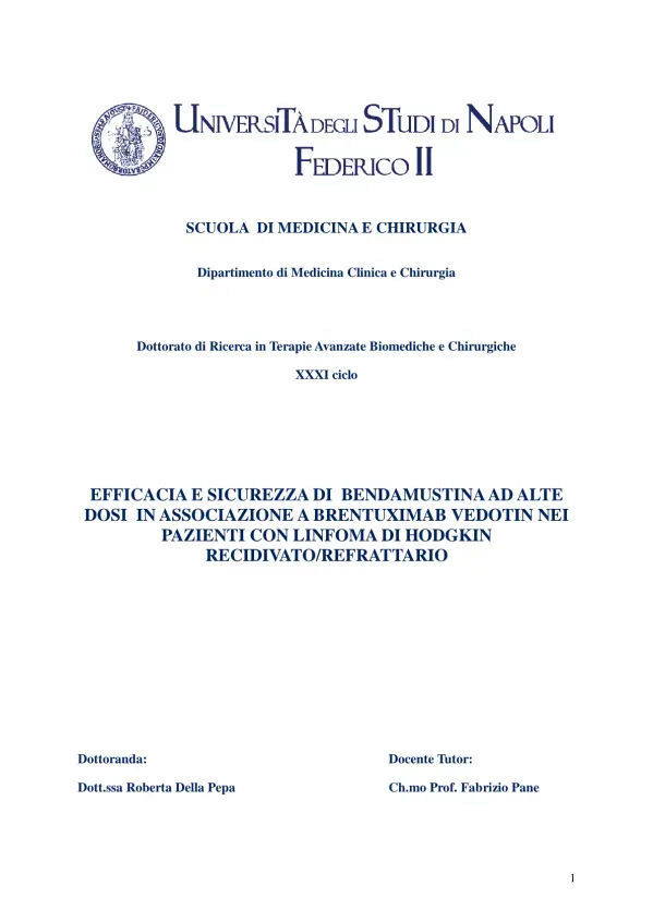 Efficienza e Sicurezza di Bendamustina ad Alte Dosi in Associazione a Brentuximab Vedotin nei Pazienti con Linfoma di Hodgkin Recidivato/Refrattario
