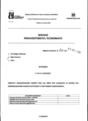 Determina di aggiudicazione per l'acquisto di sistemi per immobilizzazione pazienti sottoposti a trattamenti radioterapici